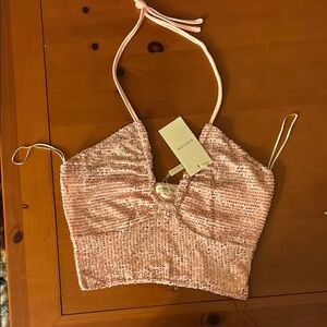 Elquchou Pink Sequin Sweetheart Crop Top